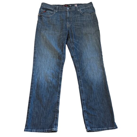 Ariat FR Jeans Men Sz 38x34 Blue Relaxed Boot M4 Distressed Denim CAT2 Workwear - Picture 1 of 11